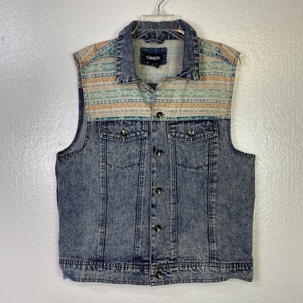 Carbon Jean Vest Womens Sz L‎ Distressed Blue Denim  sleeve lest Button up Aztec